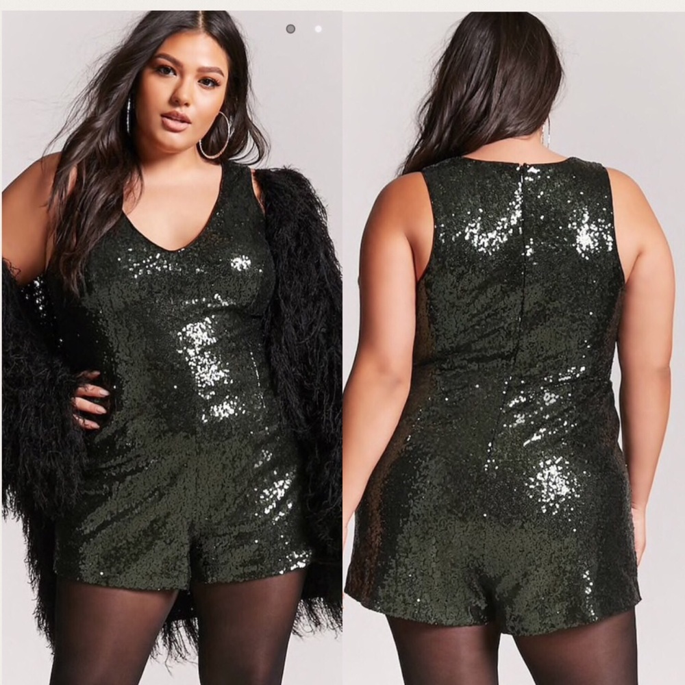PLUS SIZE 3X Forever 21 F21 Hunter Green Sequin Romper Jumpsuit